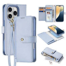 Dux Ducis Lawa - Genuine Leather 2-in-1 Portemonnee & Back Cover - MagSafe Compatible - iPhone 16 Pro Hoesje - Blauw